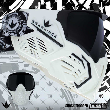 Graphic of White with black accents and black lens Bunkerkings CMD Goggle Shock Trooper on a white and black background