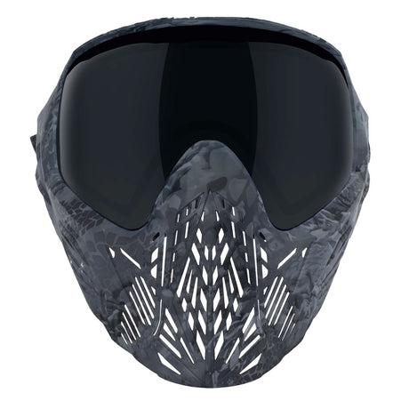 front of Black grey camo paintball Bunkerkings CMD Goggle Black Highlander with a dark lens on a white background