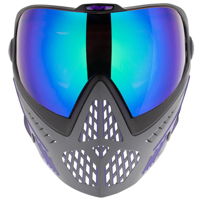 Purple gray black Dye I5 Paintball Mask Barney with blue mirror lens on a white background