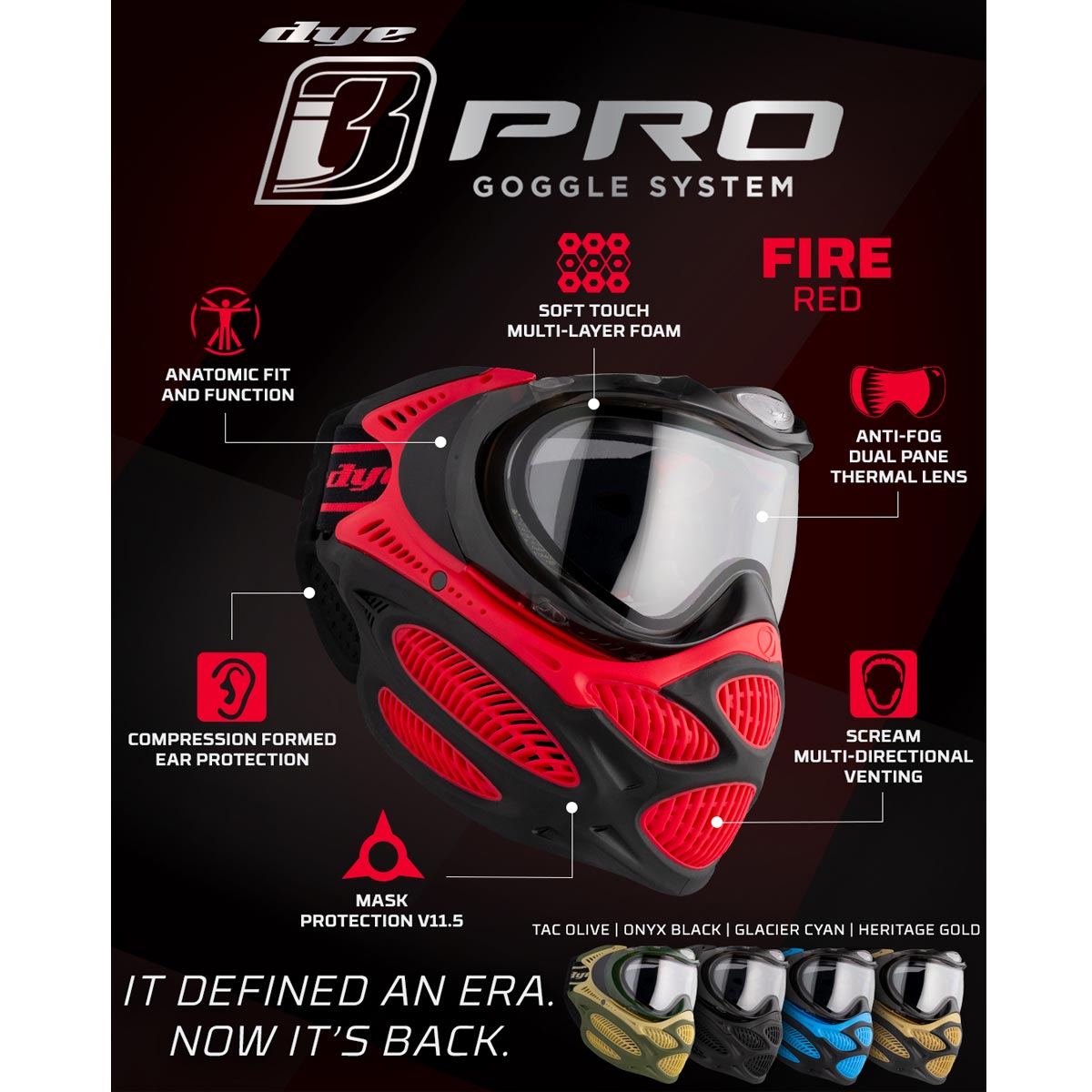 Red and Black Dye I3 Pro Paintball Goggle Fire Red features graphic