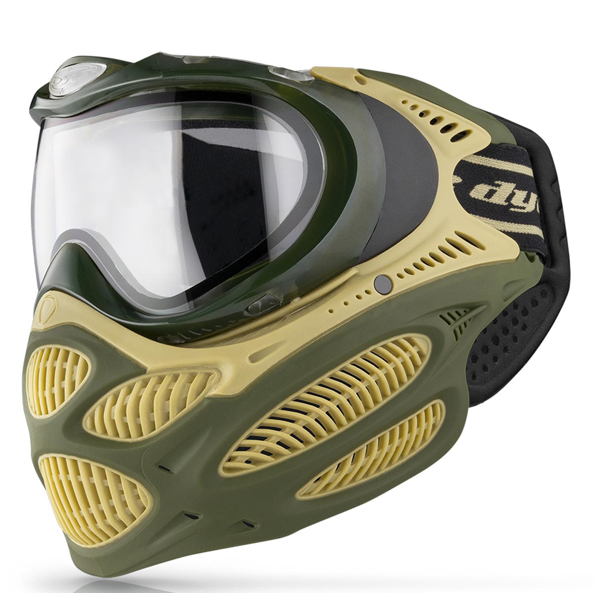 Green and yellow Dye I3 Pro Paintball Goggle Tac Olive on a white background