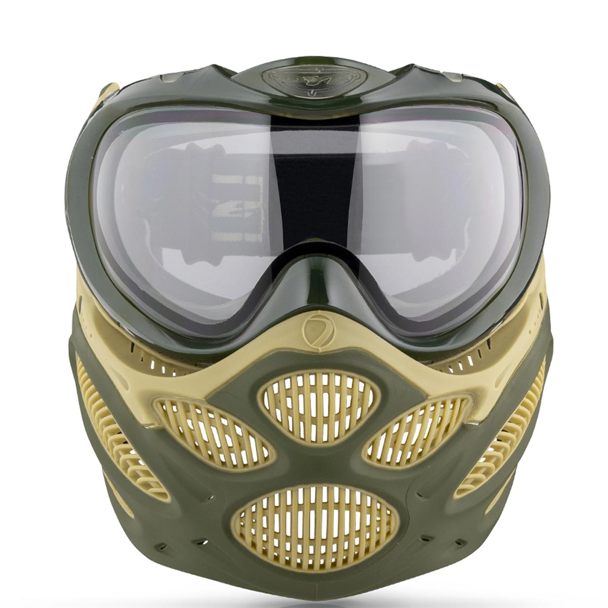 Green and yellow Dye I3 Pro Paintball Goggle Tac Olive on a white background