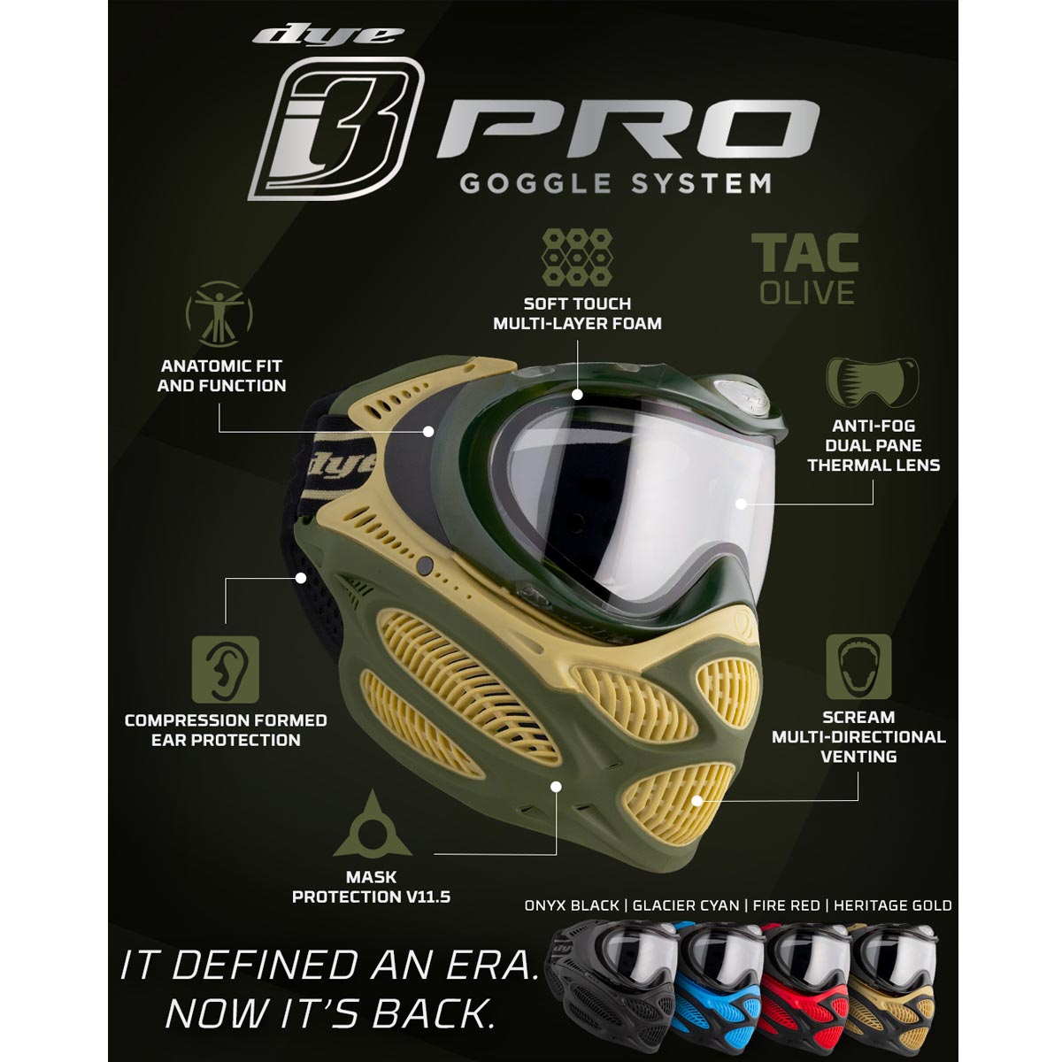 Green and yellow Dye I3 Pro Paintball Goggle Tac Olive features graphic