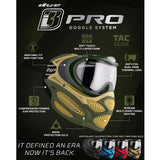 Green and yellow Dye I3 Pro Paintball Goggle Tac Olive features graphic