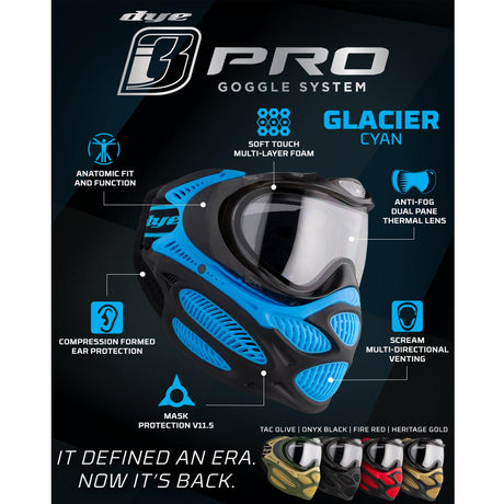 Blue and black Dye I3 Pro Paintball Goggle Glacier Cyan features graphic