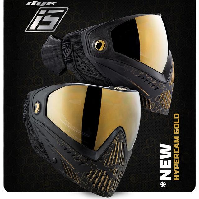 Dye I5 Paintball Mask Hypercam Black Gold graphic on a black background