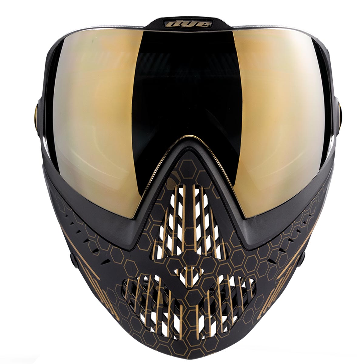 Dye I5 Paintball Goggle front Hypercam Black Gold on a white background