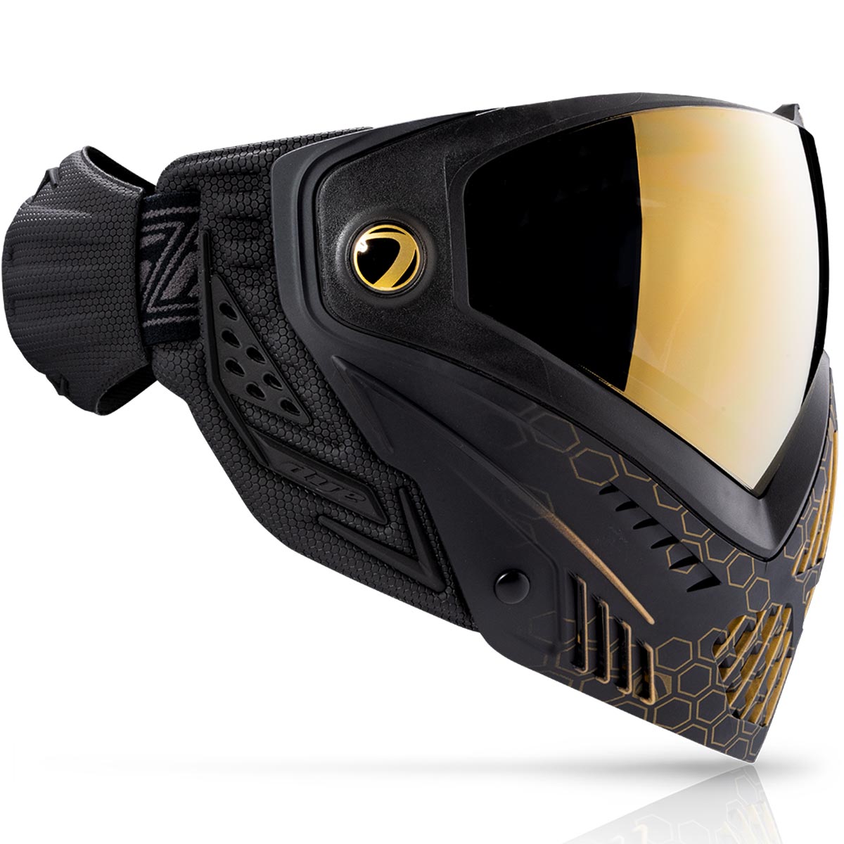 Dye I5 Paintball Mask right side Hypercam Black Gold on a white background