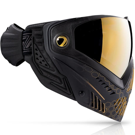 Dye I5 Paintball Mask right side Hypercam Black Gold on a white background