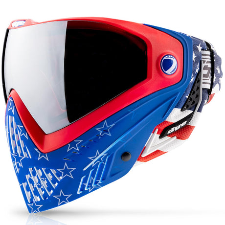 Dye I5 Paintball goggle left side Merica Red White Blue on a white background