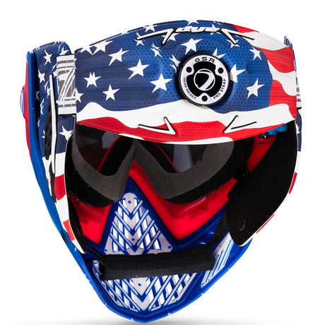 Dye I5 Paintball Mask Merica Red White Blue rear view on a white background