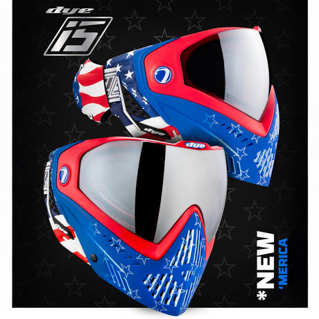 Dye I5 Paintball Mask Merica Red White Blue graphic on a black background