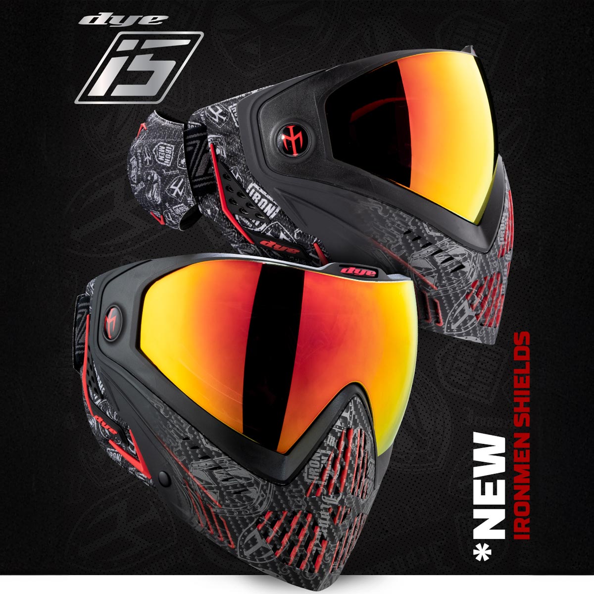 Dye I5 Paintball Mask IM Shields Black Red graphic on a black background