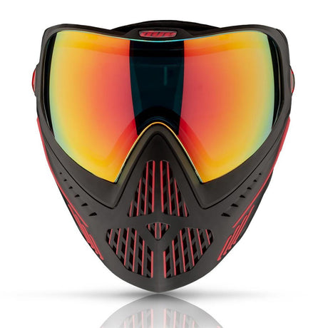 Front of Black and red Dye I5 Paintball Mask Fire 2.0 on a white background