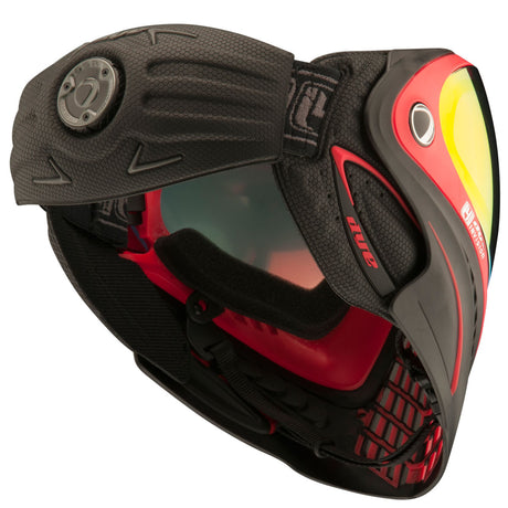 Back side of Dye i4 Pro Paintball Goggle Black Red Meltdown on a white background