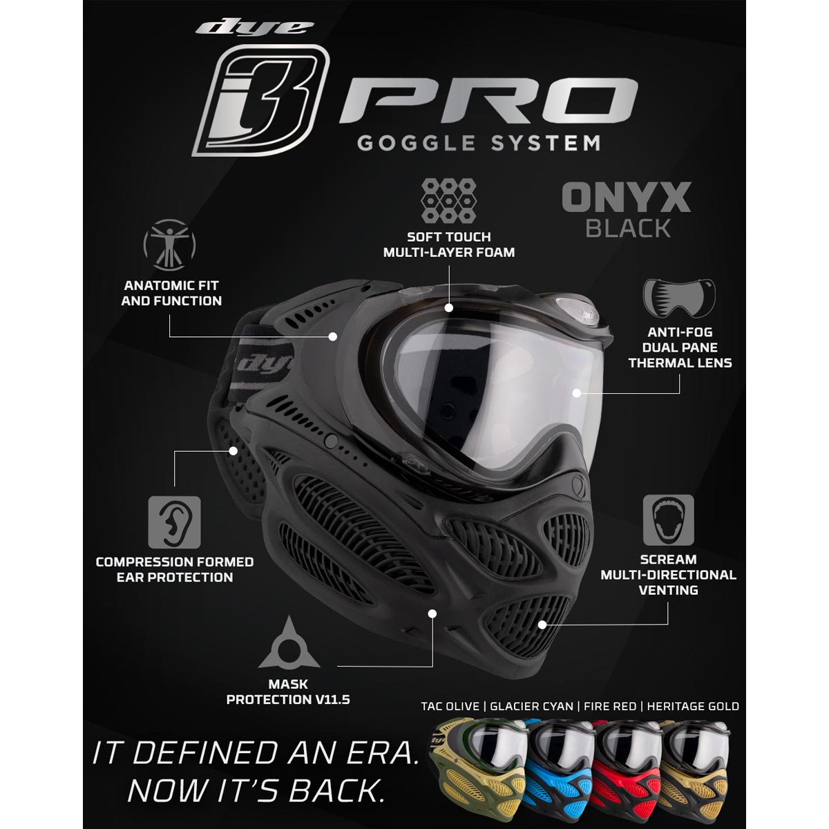 Black Dye I3 Pro Paintball Goggle Onyx features graphic