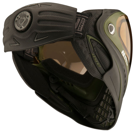 Olive green and black Dye i4 Pro Paintball Mask Black Olive SRGNT back side on a white background