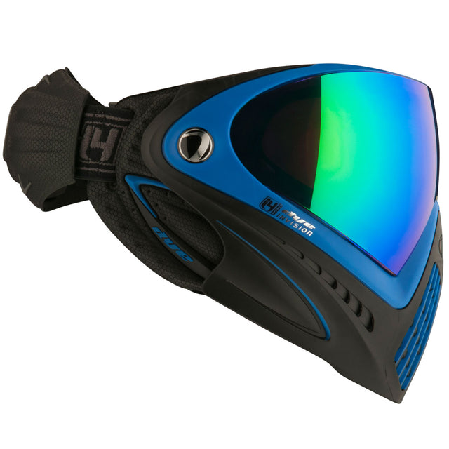 Right side of Blue and black paintball mask with green blue reflective lens on a white background Dye i4 Pro Paintball Goggle Black Blue SeaTec