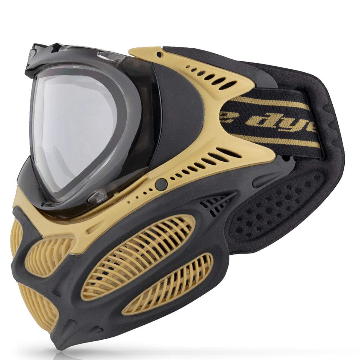 Black and yellow Dye I3 Pro Paintball Goggle Heritage Gold on a white background