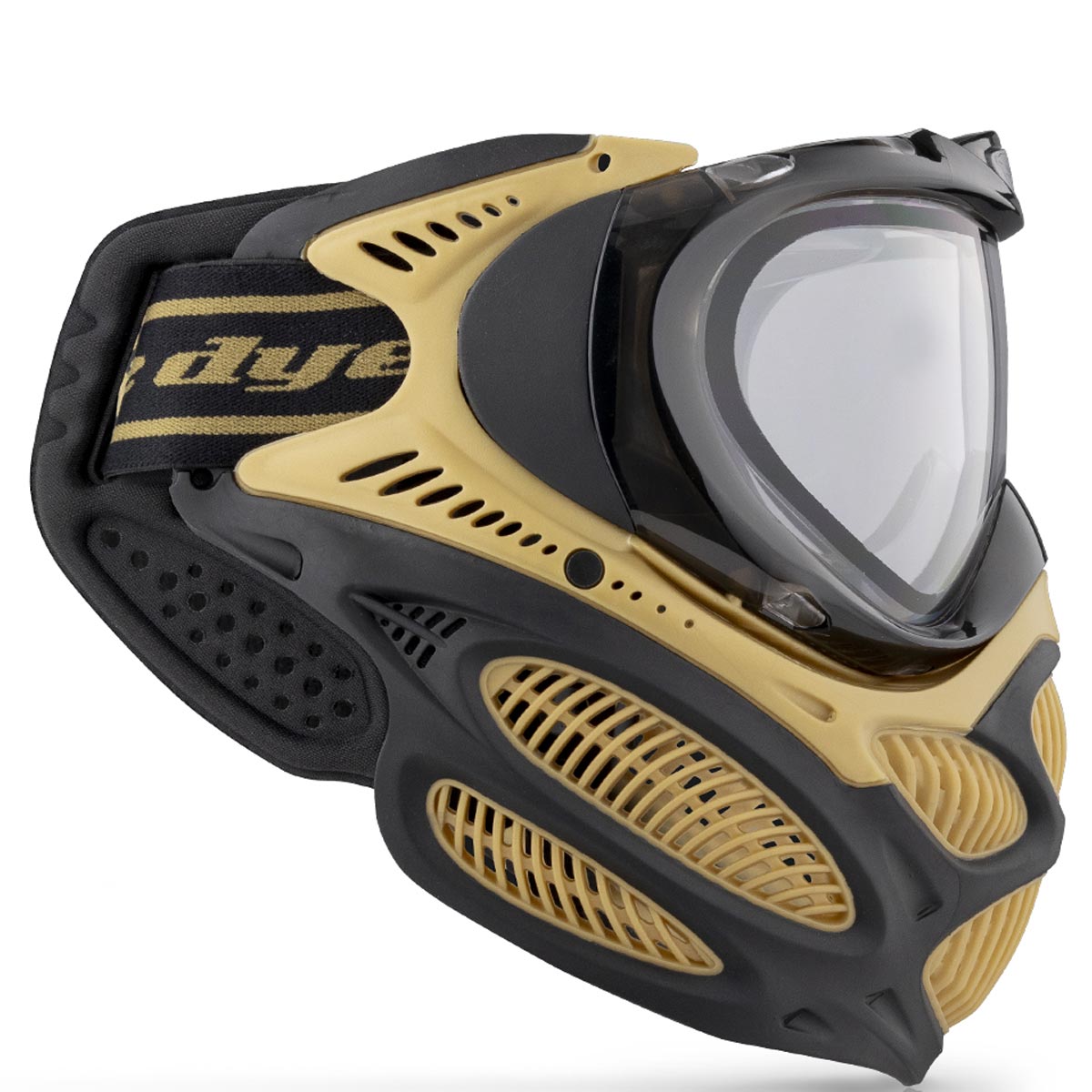 Black and yellow Dye I3 Pro Paintball Goggle Heritage Gold on a white background