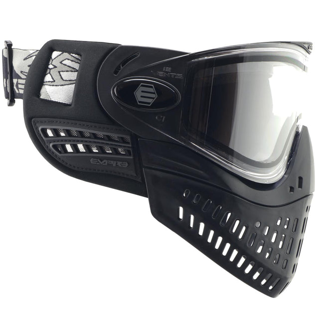 Right side of Empire E-Vent paintball mask with black frame and clear lens.
