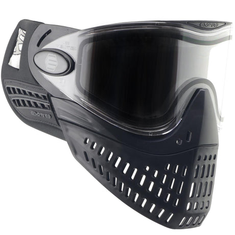Side angle of Empire E-Vent paintball mask with black frame and clear lens.