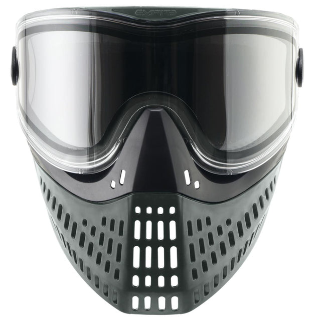 Front of Black and gray paintball mask with clear lens Empire E-Vent Mask Grey on a white background