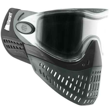 Side angle of Black and gray paintball mask with clear lens Empire E-Vent Mask Grey on a white background