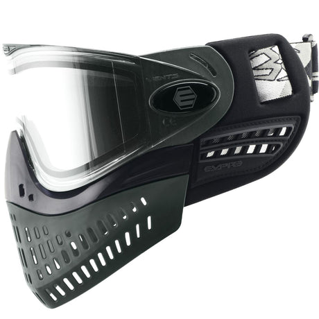 Left side of Black and gray paintball mask with clear lens Empire E-Vent Mask Grey on a white background