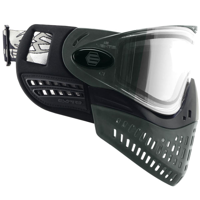 Right side of Black and gray paintball mask with clear lens Empire E-Vent Mask Grey on a white background