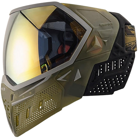 Empire EVS Goggle Translucent Olive Gold Mirror Lens paintball mask with reflective gold lens on a white background