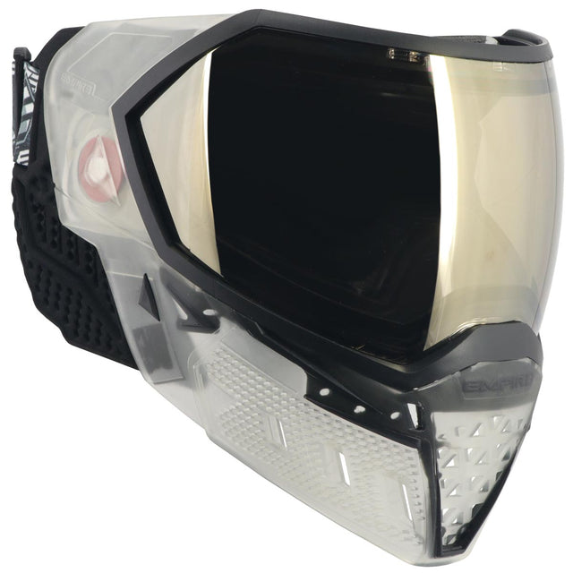 Front angle view of Black and clear white paintball mask with reflective lens Empire EVS Goggle Clear Black HD Black Chrome Lens on a white 
