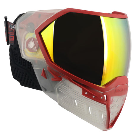 Right side Red and clear white paintball mask with yellow reflective lens Empire EVS Goggle Clear Red Fire Mirror Lens on a white background