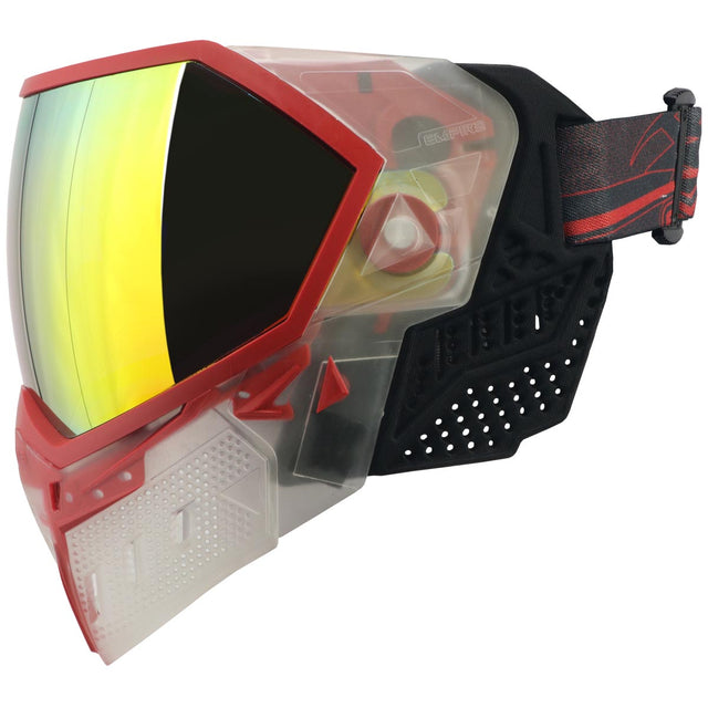 Left side Red and clear white paintball mask with yellow reflective lens and black and red strap Empire EVS Goggle Clear Red Fire Mirror Lens on a white background