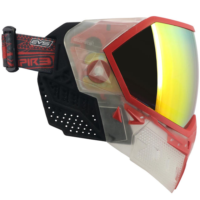 right side Red and clear white paintball mask with yellow reflective lens Empire EVS Goggle Clear Red Fire Mirror Lens on a white background