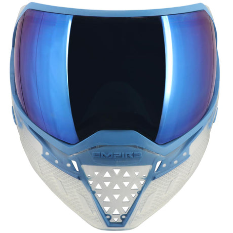 Front of Blue and clear white paintball mask with a blue mirror lens Empire EVS Goggle Clear Blue on a white background
