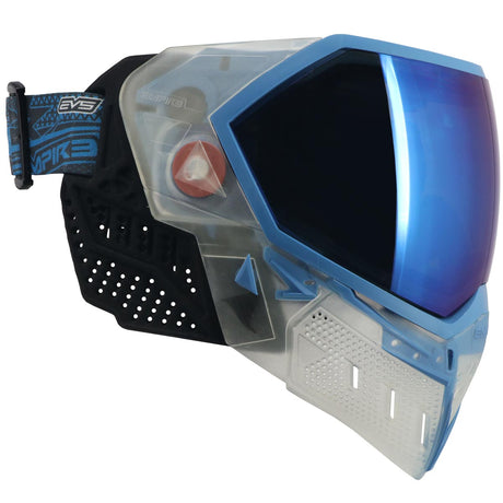 Right side Blue and clear white paintball mask with a blue mirror lens Empire EVS Goggle Clear Blue on a white background