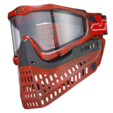 Red and black JT ProFlex Goggle LE Marble Red Black Home paintball mask with a clear lens on a white background