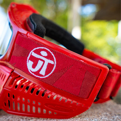 Close up of JT logo on Ruby birthstone goggle