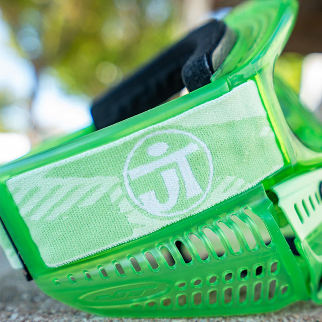 Close up of JT logo on peridot goggle