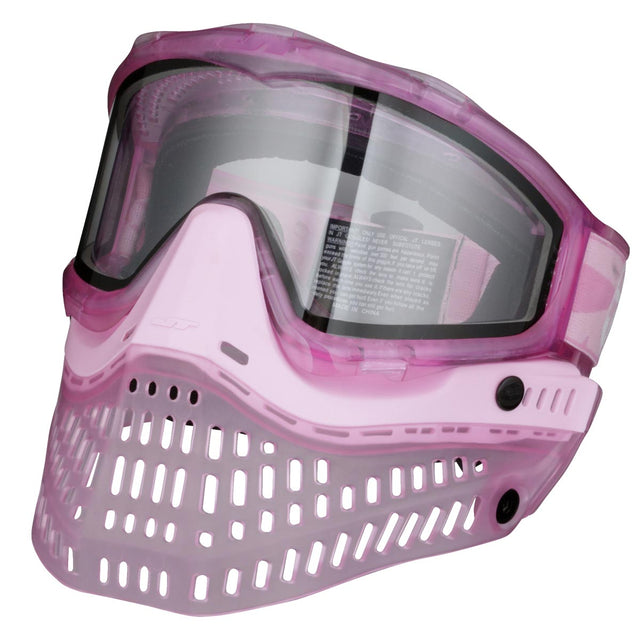 Pink JT ProFlex Birthstone Ice October Opal Goggle Pink paintball mask with clear lens on a white background