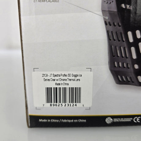JT ProFlex SE Goggle Clear Ice w Chrome Lens label close up