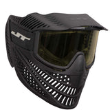 Right angle Black JT Elite Prime Paintball Goggle with Single Yellow Lens on a white background.