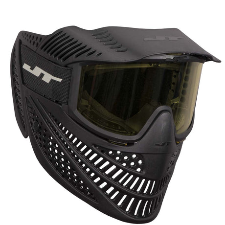 Right angle Black JT Elite Prime Paintball Goggle with Single Yellow Lens on a white background.