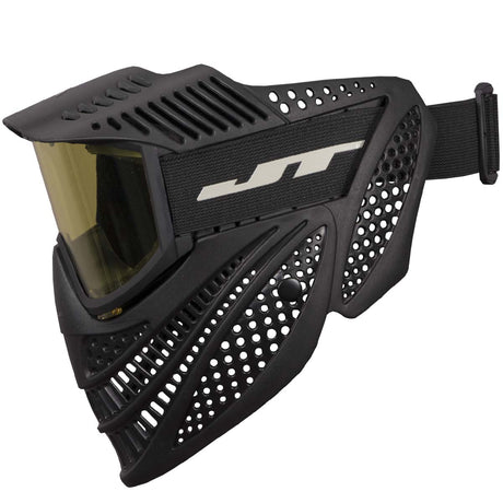 Left side Black JT Elite Prime Paintball Goggle with Single Yellow Lens on a white background.