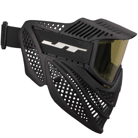 Right side Black JT Elite Prime Paintball Goggle with Single Yellow Lens on a white background.