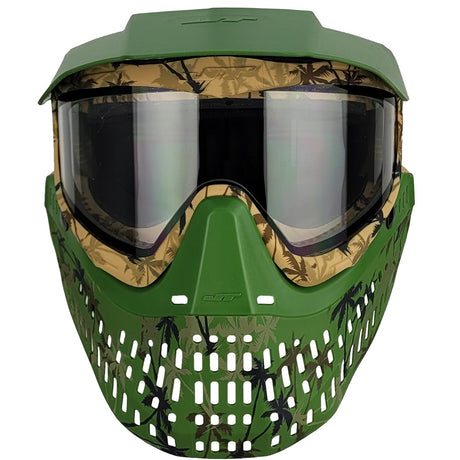 front of Green tan JT Palm Tree Proflex mask w Clear Lens angle view on a white background