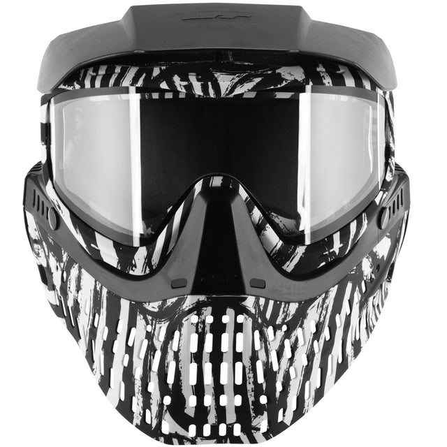  Front of Black and white JT ProFlex Zebra Goggle LE w Smoke Lens paintball mask on a white background