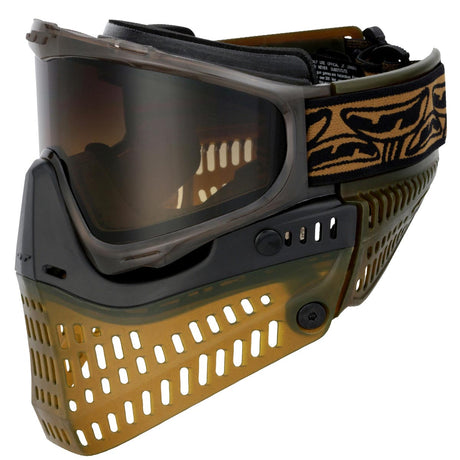 Brown and black paintball mask with a red label on a white background JT Proflex SE Goggle Brown Ice w Bronze Lens