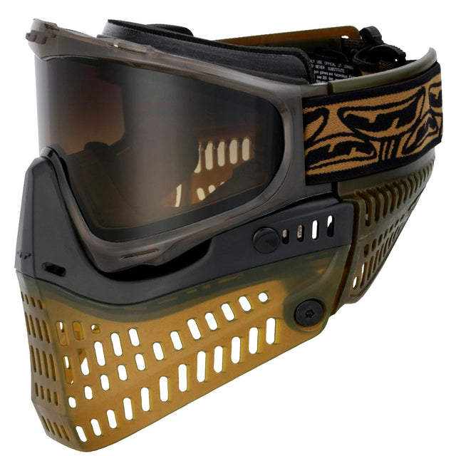 Brown and black paintball mask with a red label on a white background JT Proflex SE Goggle Brown Ice w Bronze Lens
